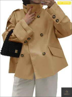 Oversized Cropped Trench Coat Double Breasted Stand Collar Short Jacket Fall
